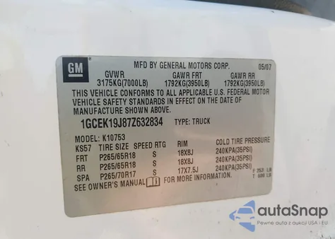 2007 Chevrolet Silverado 1500 Lt1 из США, поврежденный, VIN 1GCEK19J87Z632834